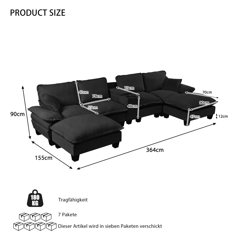 Divano panoramico a U modulare con contenitore; USB e portabicchieri in chenille - nero 362×151×90 cm