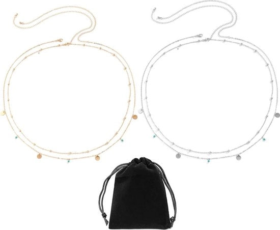 Set di catena corporea con 2 strati di tasche di velluto, catena per la vita con fermaglio, catena per l'ombelico in argento, catena jeans (argento oro) 68 cm + 25 cm estensione metallica.