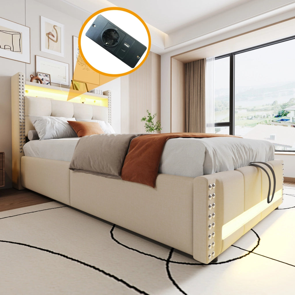 Letto singolo imbottito per bambini 90x200 cm con LED; USB e contenitore idraulico; beige