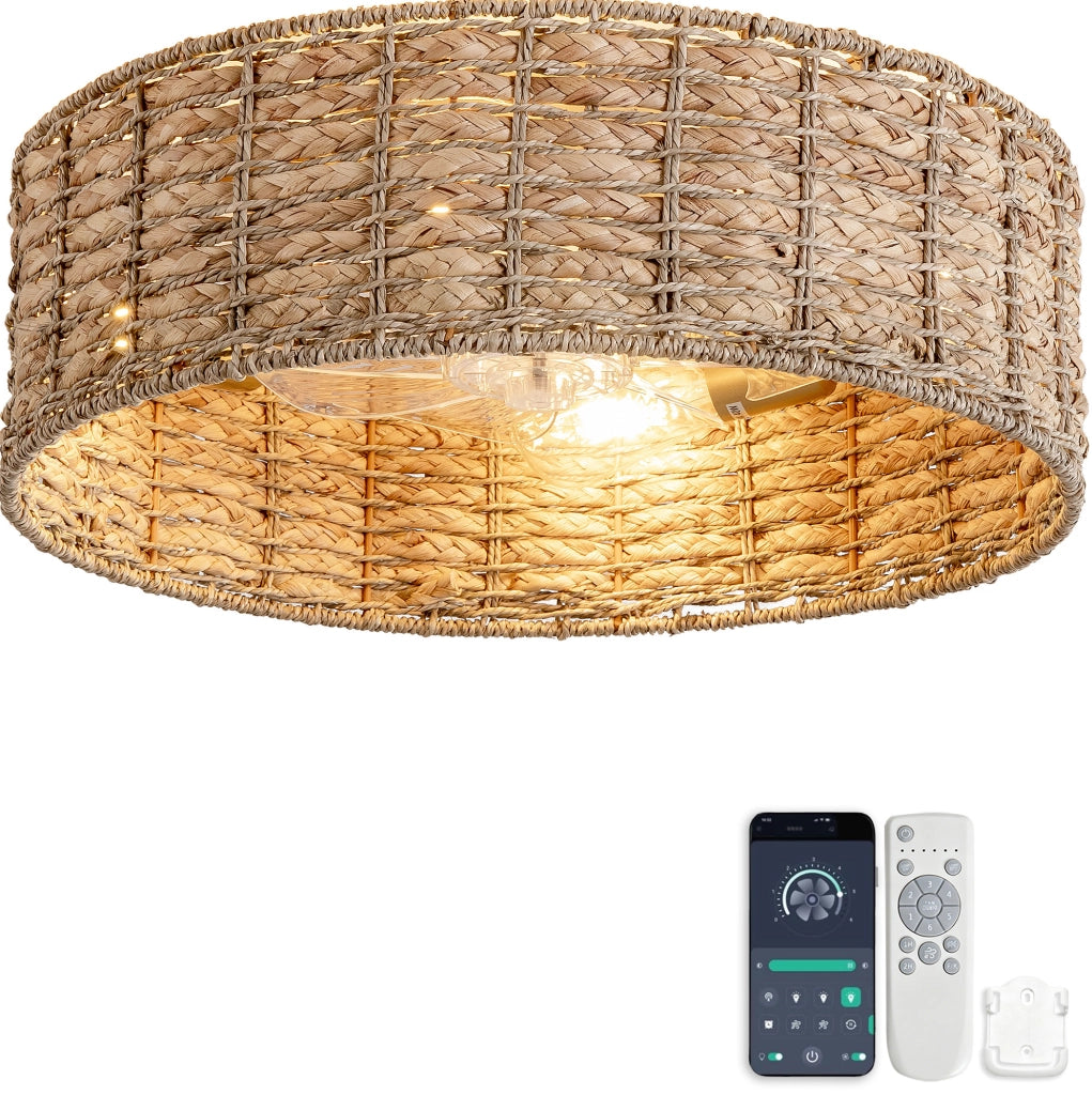 Plafoniera ventilatore 50x50x20 cm in rattan naturale con doppio comando -