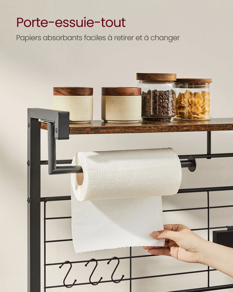 Mensola da cucina mobile contenitore isola da cucina 42 x 90 x 167,3 cm con portacoltelli magnetico cestino in metallo portarotolo di carta 12 ganci marrone 12_0005690