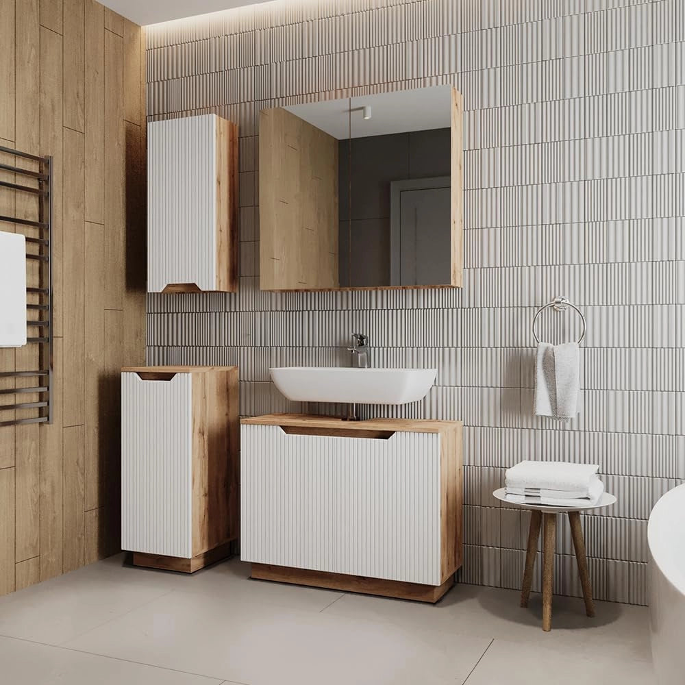 Set di mobili da bagno Lotta, Rovere/bianco a strisce, 4 parti