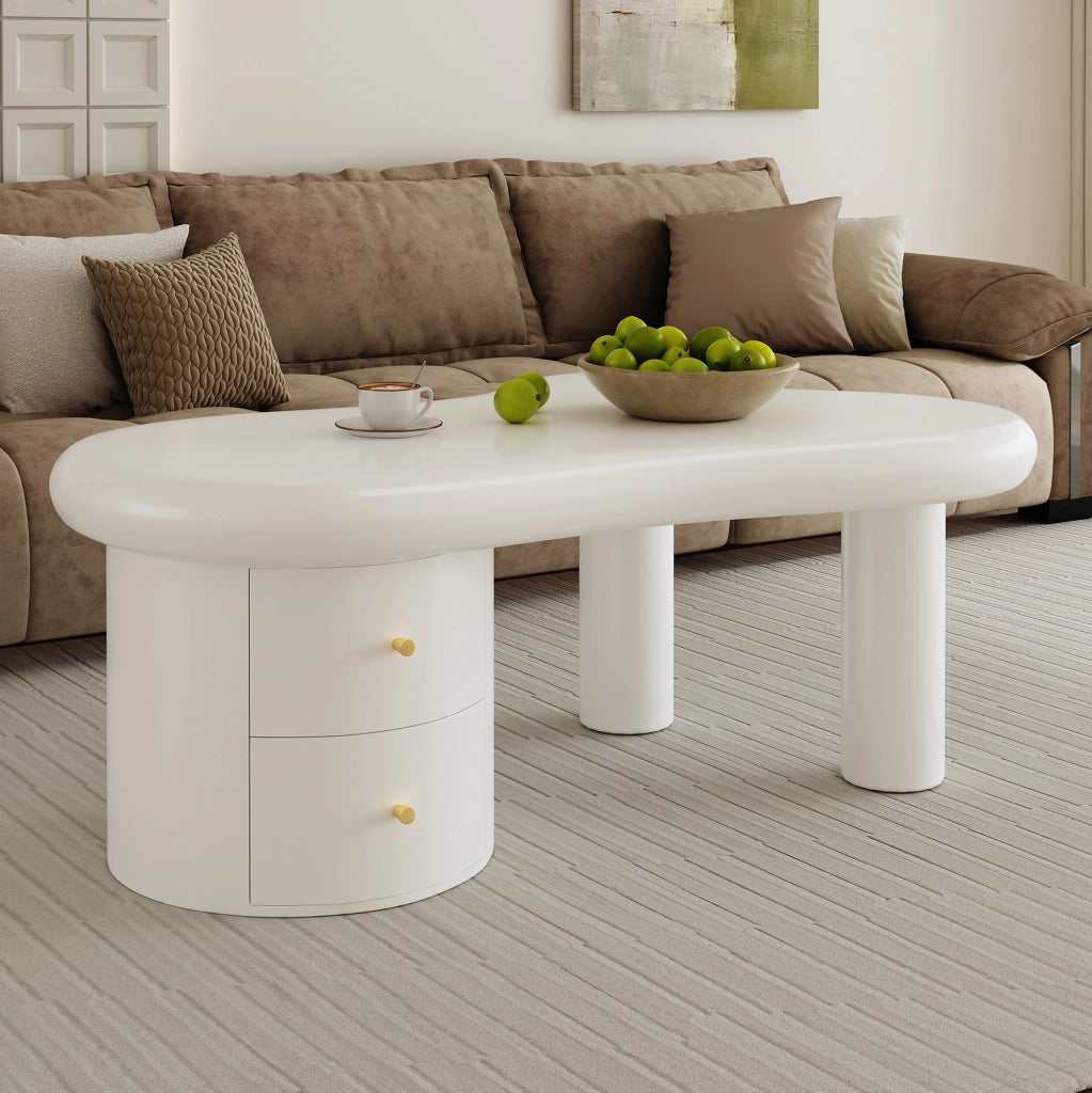 Tavolino da salotto bianco sagomato in MDF con 2 cassetti