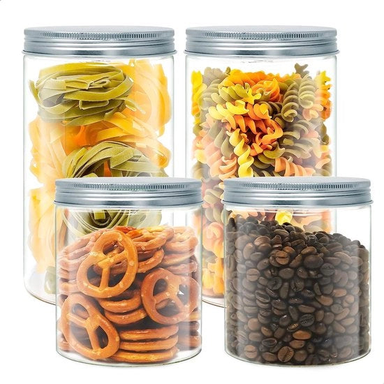 Set di 4 contenitori di plastica di alta qualità, 1,3 L (18x10 cm) - 0,70 L (11,5x10 cm), con chiusura a vite in alluminio. Riciclabile.