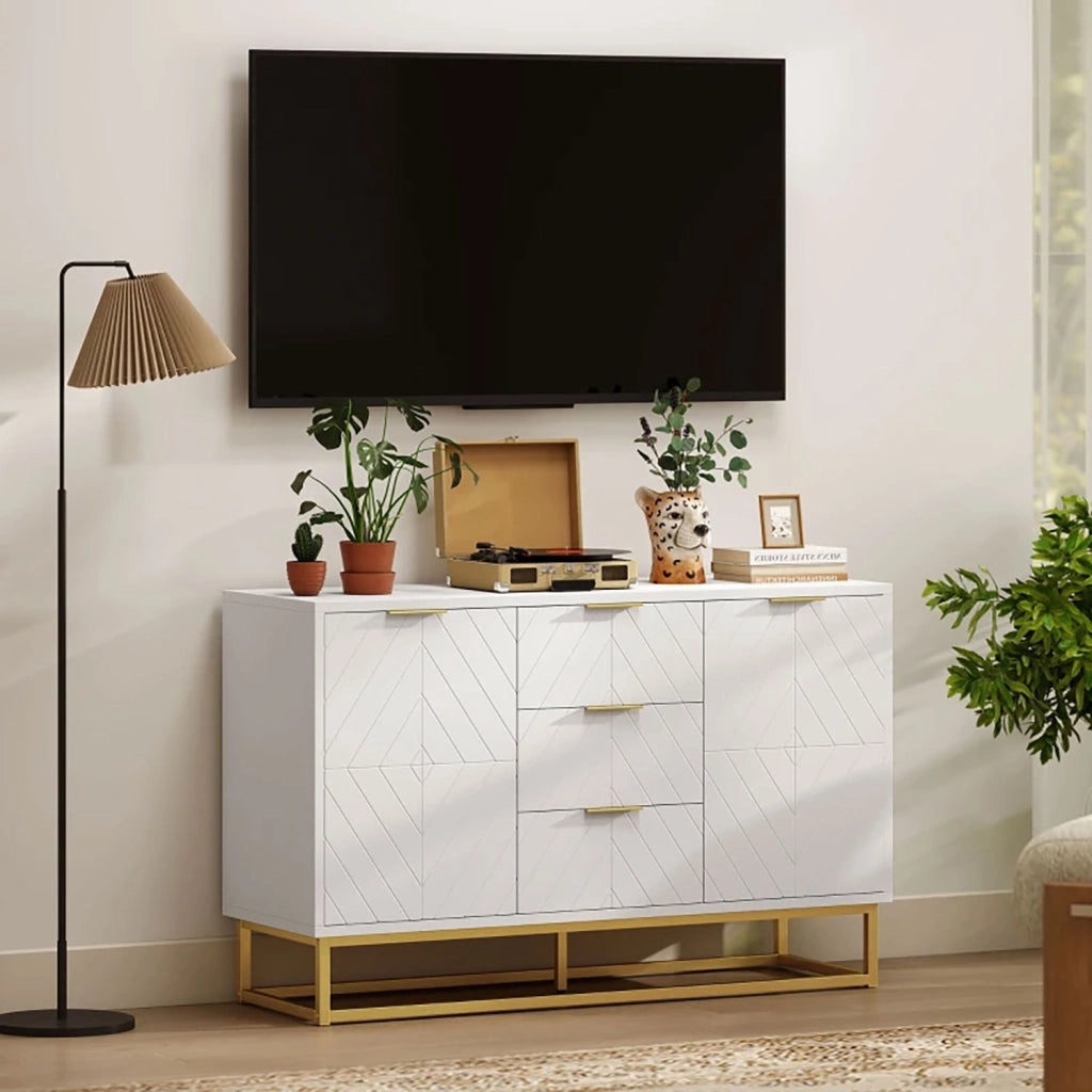 Mobile Credenza 3 Cassetti 2 Ante 120x40x76 cm in MDF e Metallo Bianco