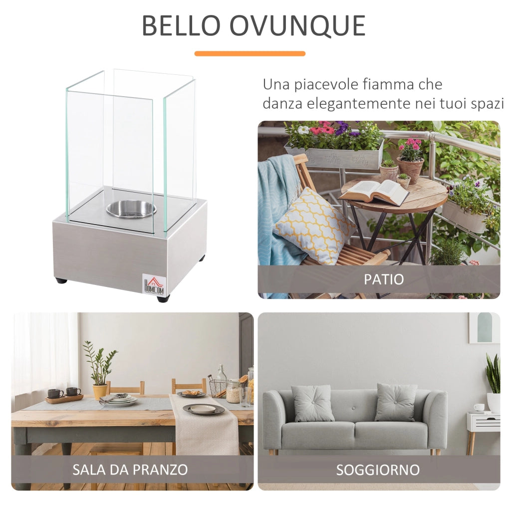 EasyComfort Camino a Bioetanolo da Tavolo con Bruciatore da 0.4L, Biocamino in Acciaio e Vetro per Interni ed Esterni, 20x20x33cm, Argento