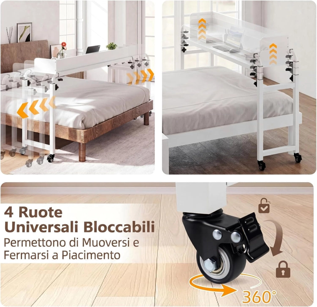 Scrivania da Letto con Ruote, Tavolino da Letto Salvaspazio con Altezza e Lunghezza Regolabili, Telaio in Metallo, Scrivania Portatile per Camera da Letto, Soggiorno e Ospedale (Bianco)