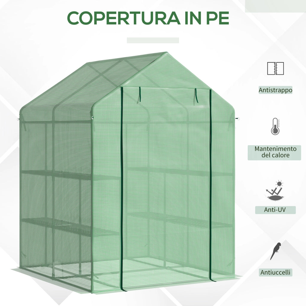 EasyComfort Serra da Giardino con Scaffali, Copertura in PE e Porta Avvolgibile, 143x138x190 cm, Verde