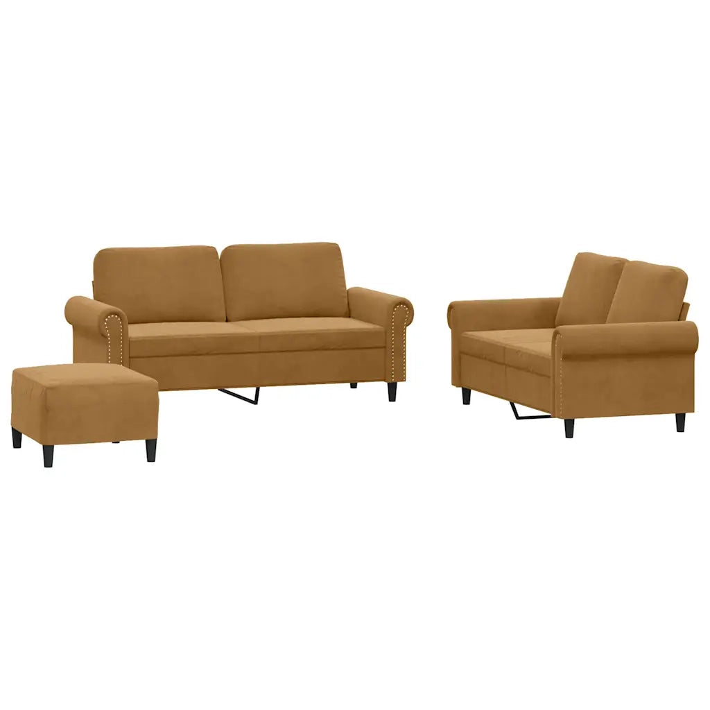 Set di Divani 3 pz con Cuscini Marrone in Velluto