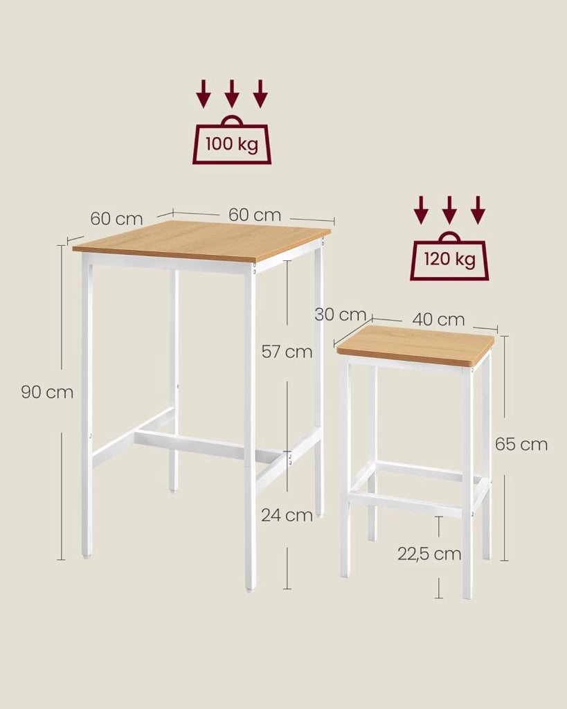 VASAGLE Tavolo da Bar con Sgabelli, Tavolo Cucina 60 x 60 x 90 cm, Sgabello di 30 x 40 x 65 cm, Sala da Pranzo, Rovere Dorato e Bianco Nuvola LBT017W09