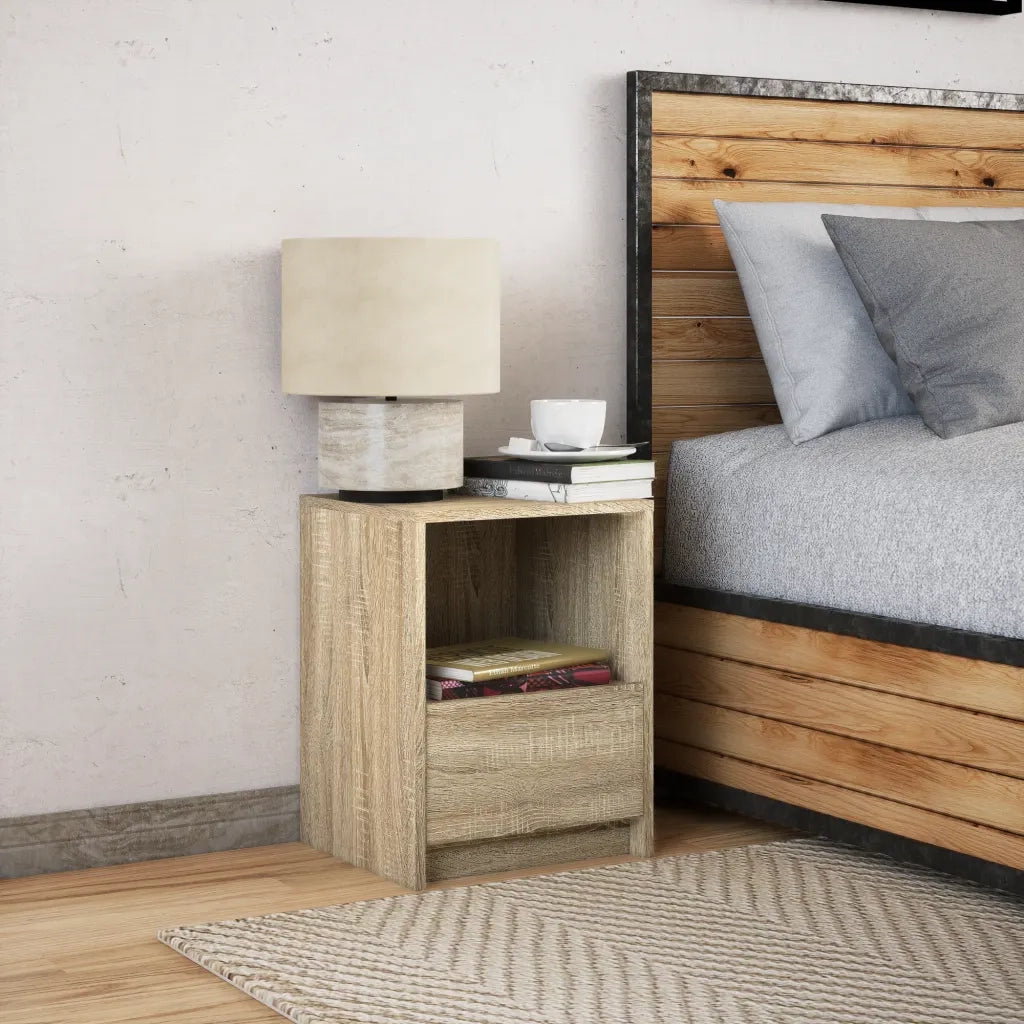 Comodino con Luci LED Rovere Sonoma in Legno Multistrato