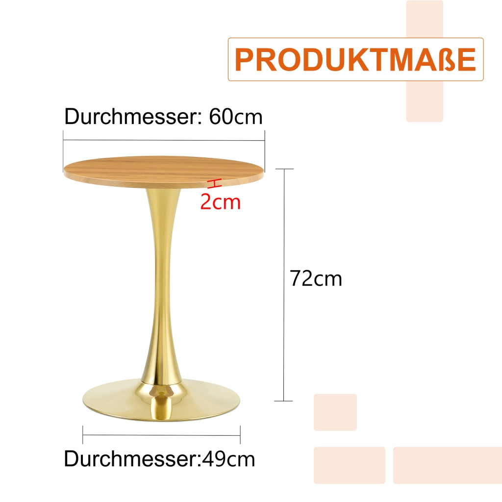 Tavolo rotondo da pranzo per 2 persone con base in metallo dorato e piano effetto legno, per soggiorno, 60 cm