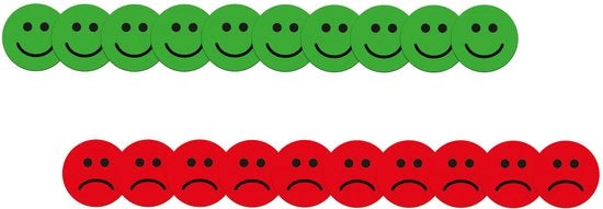 20 magneti colorati (diametro 2 cm): 10 facce sorridenti verdi e 10 facce tristi rosse – ideali per la comunicazione creativa a scuola, al lavoro e nella vita quotidiana