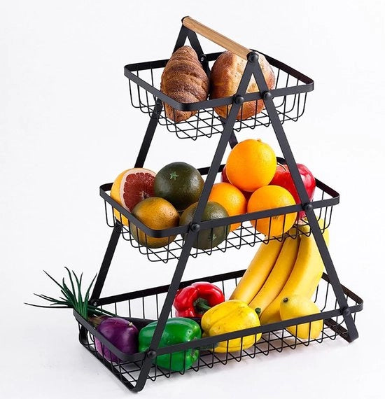 Etagère a 3 piani, spaziale, nera, per la conservazione di frutta, verdura, snack e pane, progetto di stile