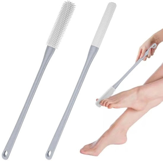 Set di due spazzole per piedi in silicone, anello per il pediluvio, spazzola per piedi con lunga maniglia, spazzola per seni per il pediluvio, spazzola per la pulizia delle interstizi tra i piedi, riduce prurito ai piedi (grigio)