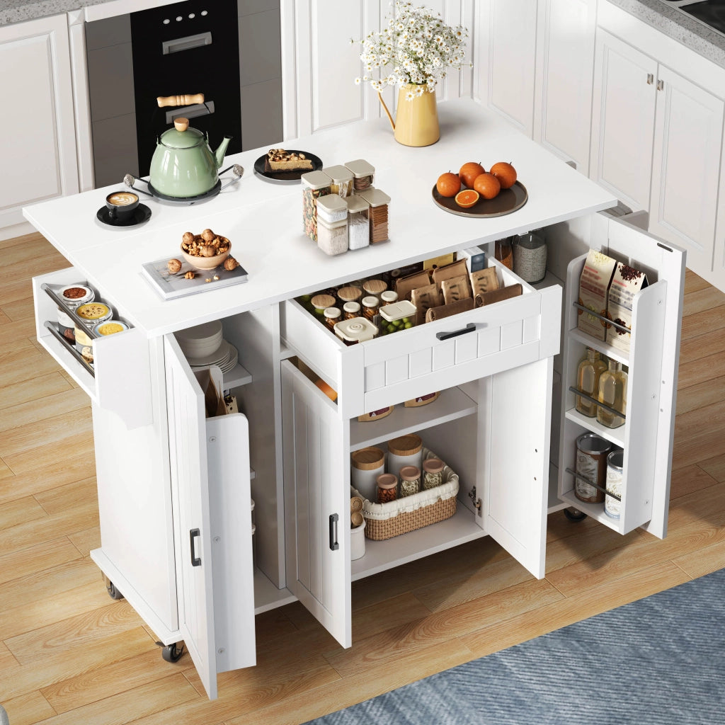 Isola Cucina Pieghevole con Ruote ¨C MINIMAL ¨C Bianco, 4 Ante, 1 Cassetto, 120x45x95
