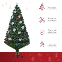 Albero di Natale Artificiale 150cm con Fibre Ottiche e 21 Luci LED, Decorazioni a Forma di Fiocco di Neve, Verde