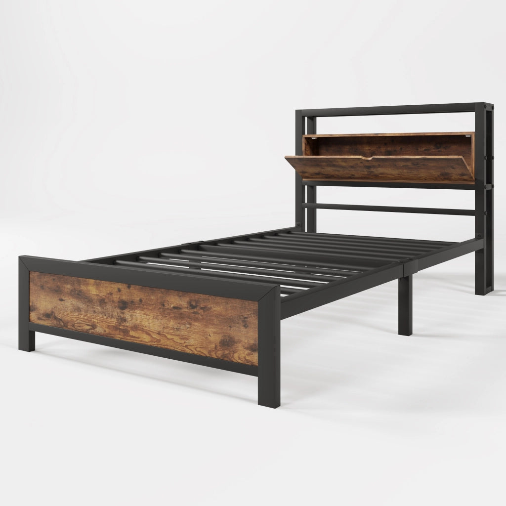 Letto singolo 90x200 cm in metallo e legno con testiera contenitore, struttura industriale, nero