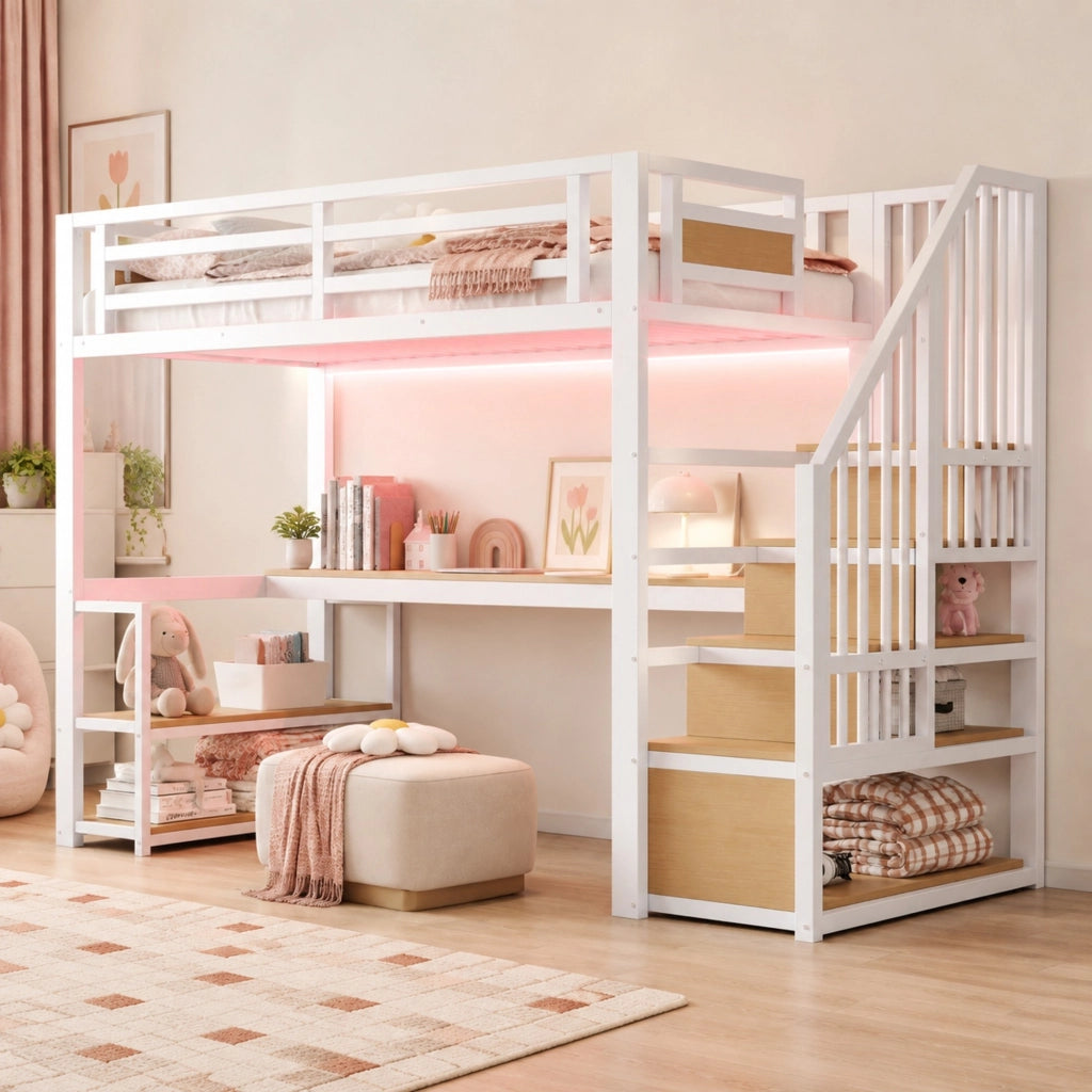 DESMIU Letto a soppalco 90 × 200 cm 1 posto con scrivania, mensole e scala contenitore, senza materasso, bianco