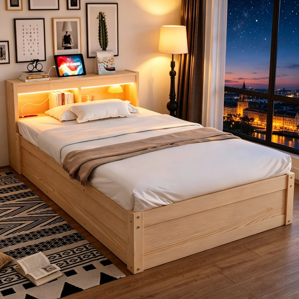 Letto multifunzione 90x200 cm con presa integrata; LED e contenitore idraulico; colore legno