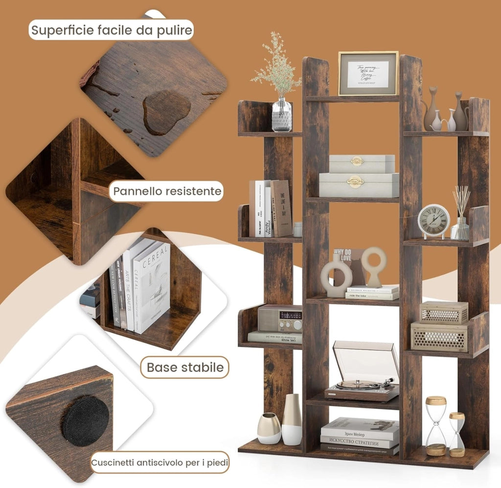 Libreria a Forma di Albero, Scaffale Multiuso con 13 Ripiani Aperti, Scaffale Decorativo Autoportante a Cubo per Soggiorno Studio o Ufficio, 86x24,5x141 cm (Marrone)