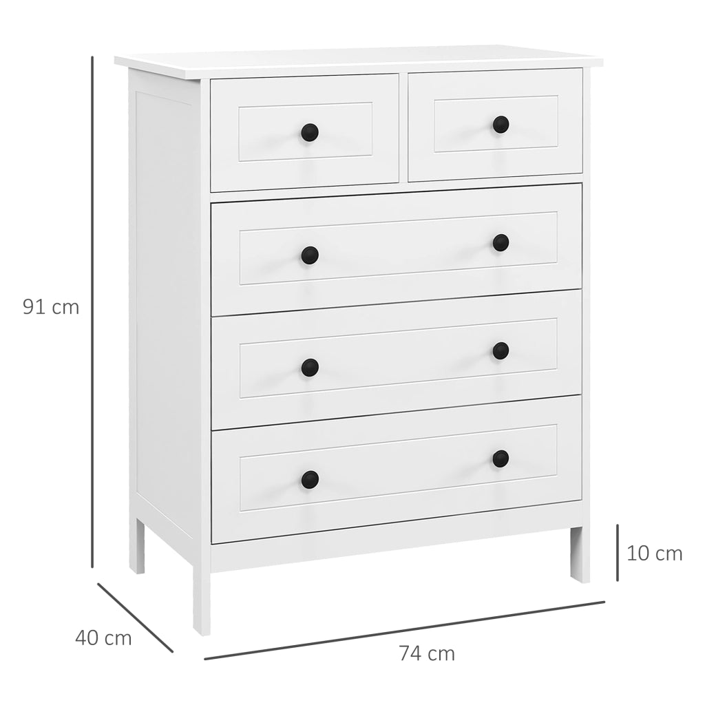 Cassettiera con 5 Cassetti in Legno Salvaspazio e Antiribaltamento, 74x40x91cm, Bianco
