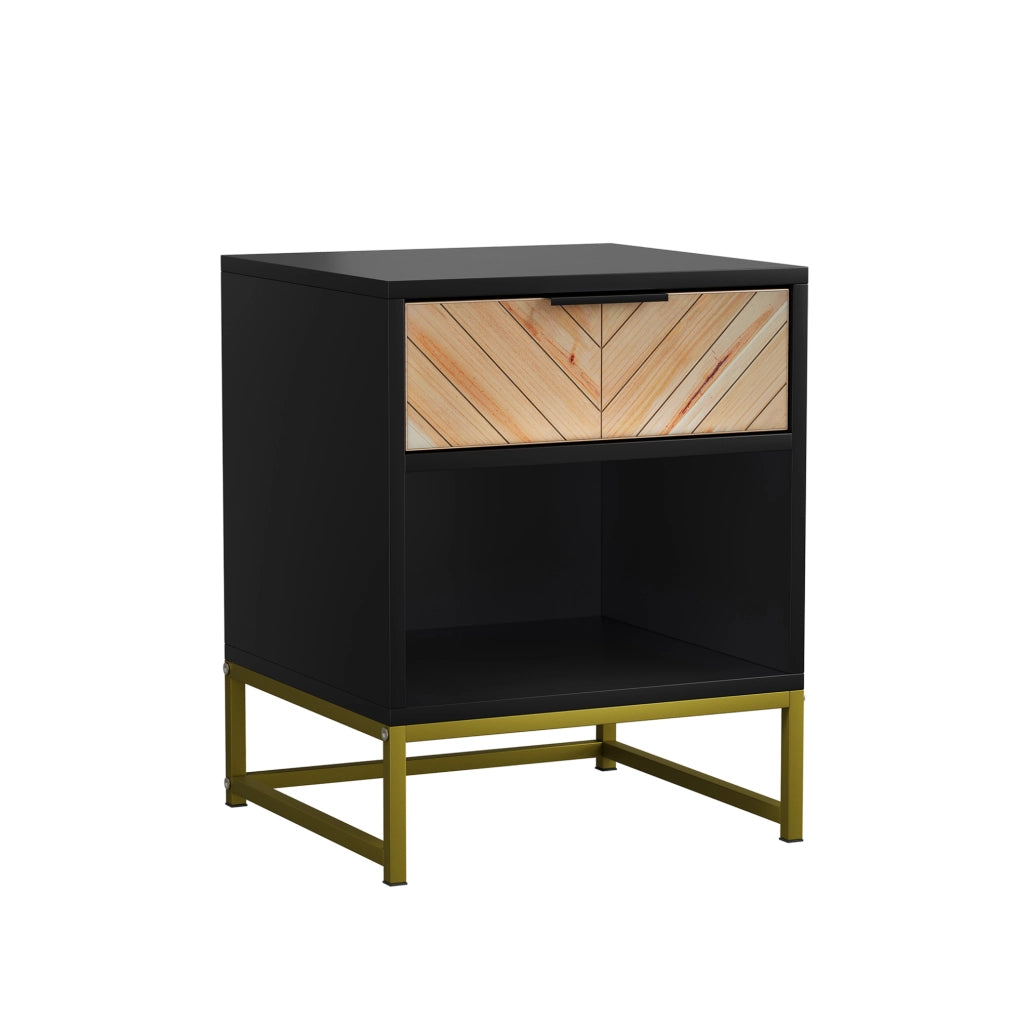 Comodino 43x40x55 cm con cassetto e vano aperto in MDF nero e naturale