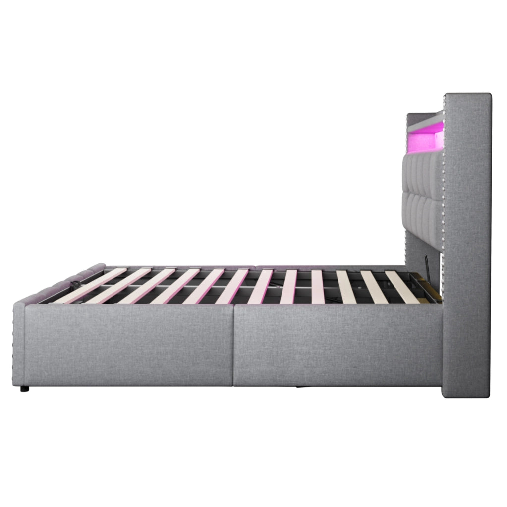 Letto imbottito 160x200 cm con LED; USB e contenitore in lino grigio chiaro