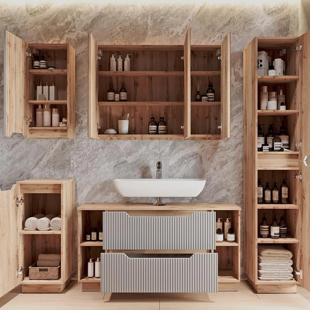 Mobile sottolavabo per bagno Lotta, Rovere/grigio a righe, 119.2 x 62.5 cm con 2 cassetti