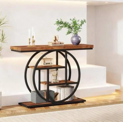 Tavolo consolle a 4 livelli in metallo e legno nero e marrone rustico 105x30x80 cm