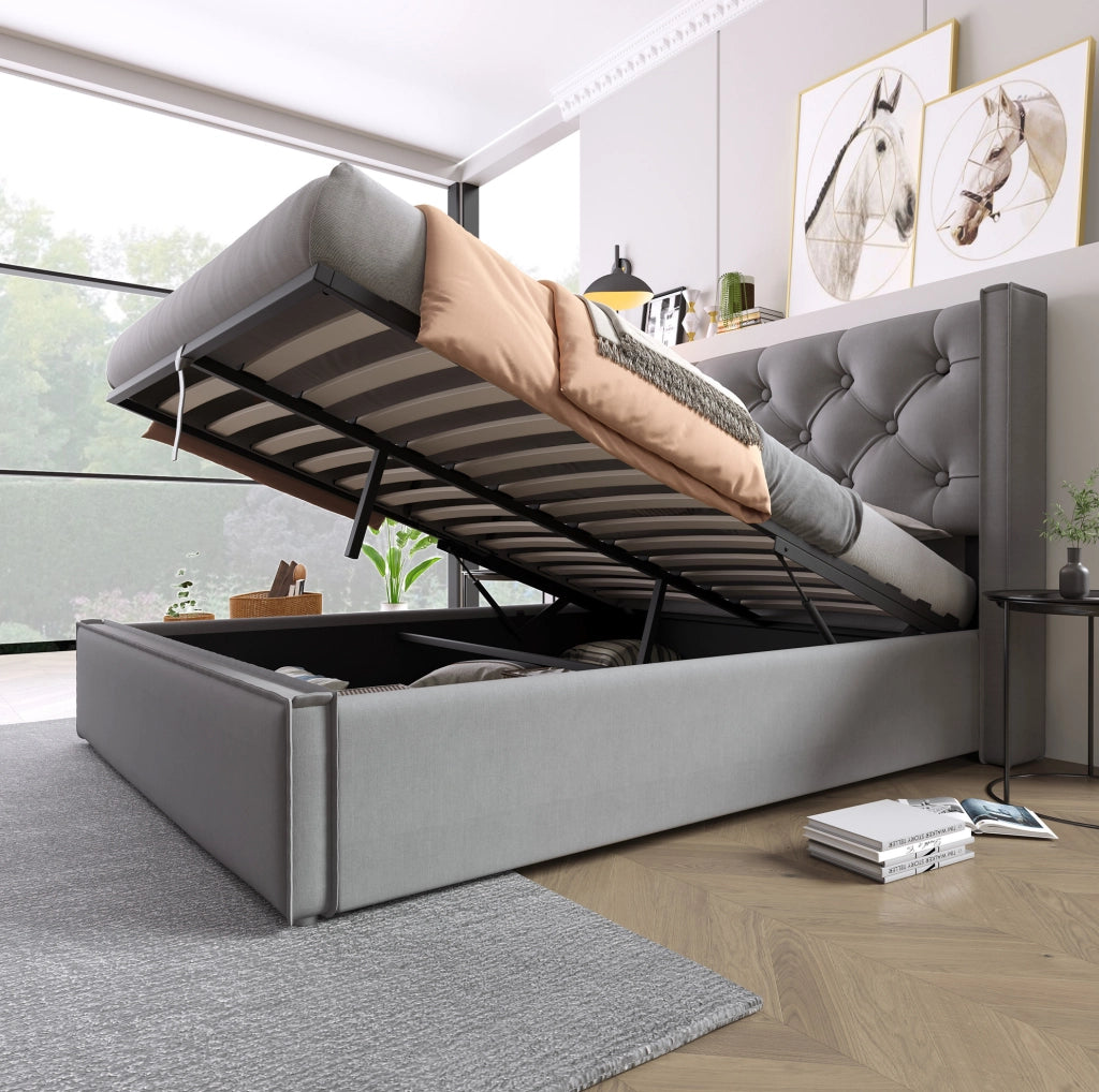 Letto matrimoniale imbottito 160x200 cm con contenitore e rete sollevabile; grigio