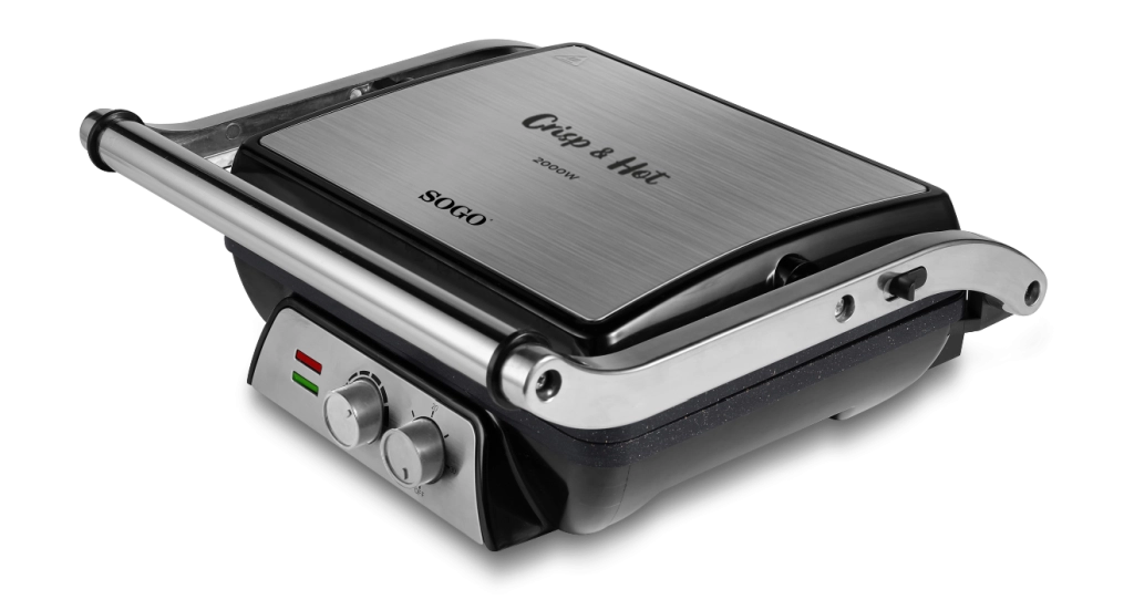 Piastra elettrica per panini e toast, 4 porzioni apertura 180°, piastre antiaderenti pietra 2000W, timer 30 minuti - SOGO