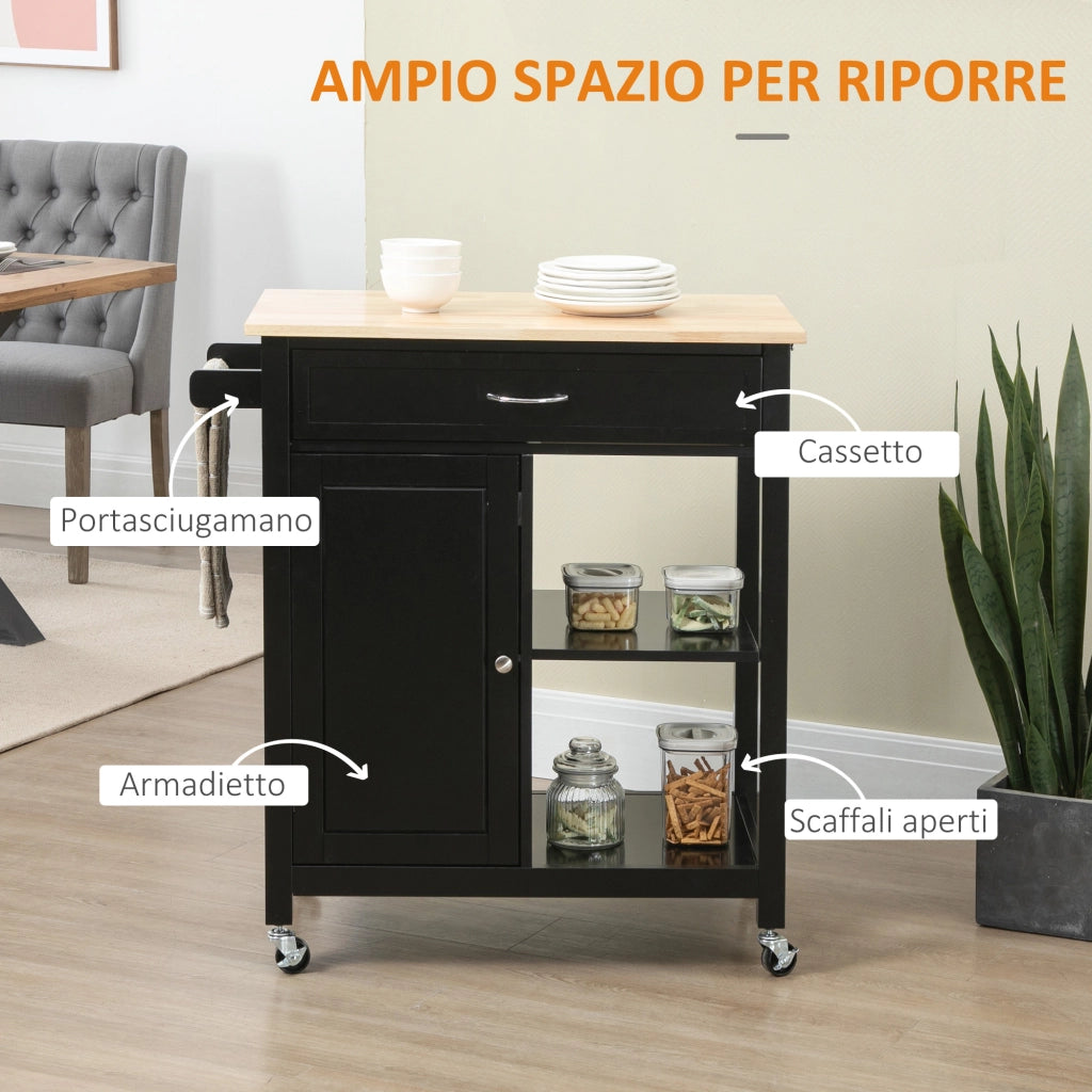 Carrello da Cucina con Cassetto e Armadietto ¨C Zephmum ¨C Legno Nero 83x45x88cm