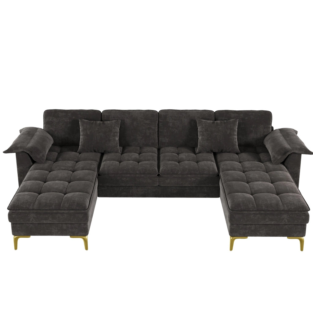 Divano angolare a U 262x134 cm grigio in ciniglia; 2 chaise longue e 2 cuscini