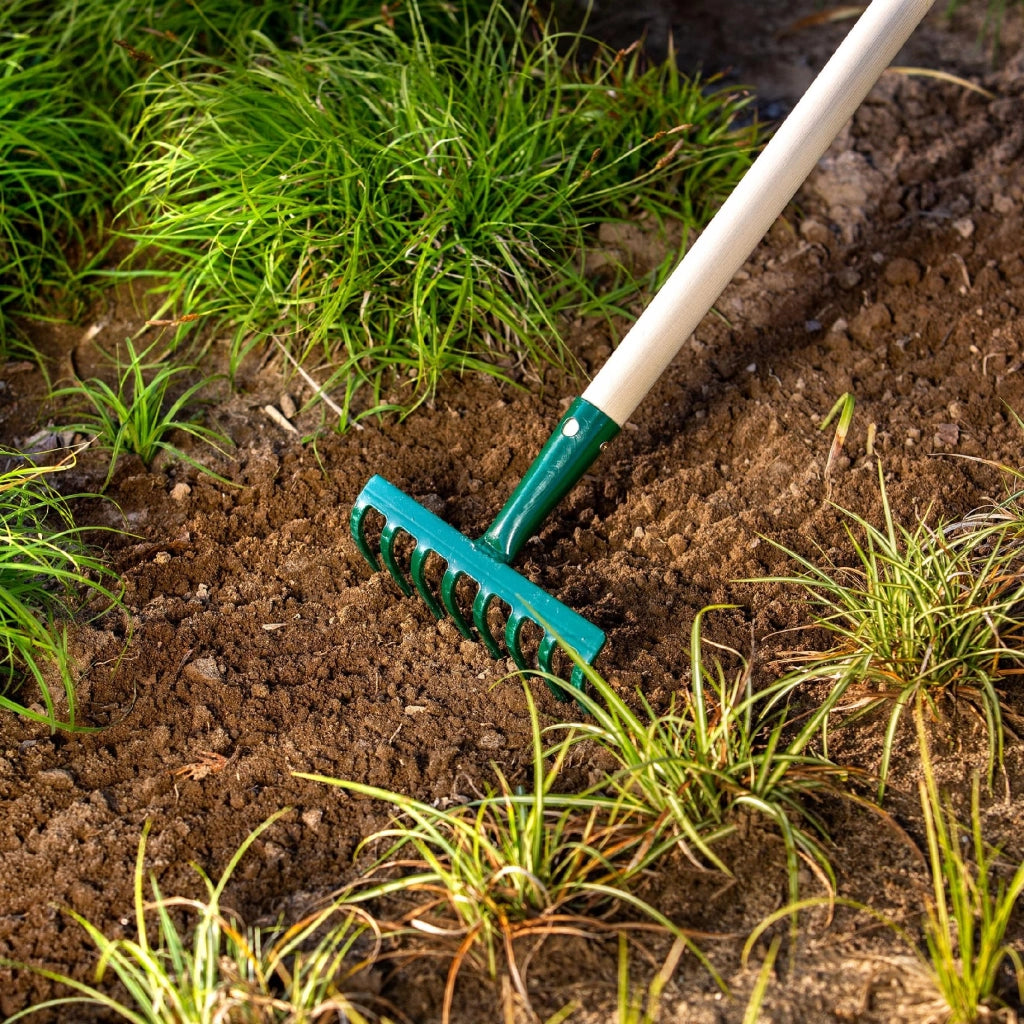 Rastrello per foglie KADAX, per giardino ed erba, con manico in legno, 117 cm, 8 denti solidi