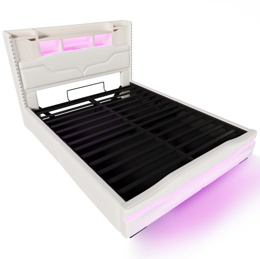 Letto imbottito 160x200 cm con contenitore idraulico; LED e porte USB; beige