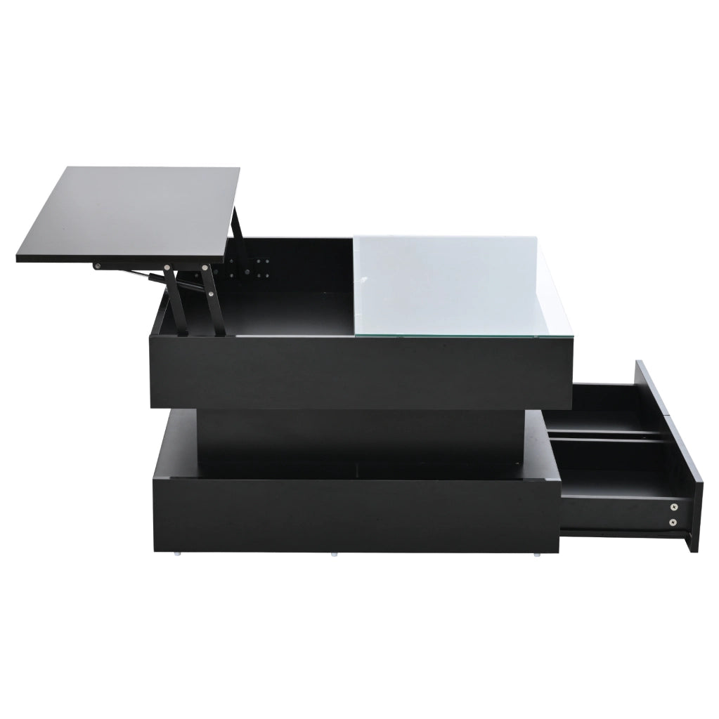 Tavolino da salotto nero 80x80 cm con piano elevabile, LED e 2 cassetti