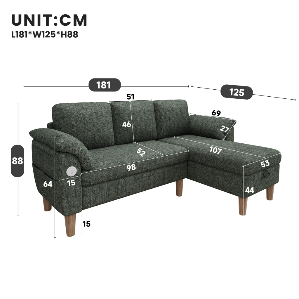 Divano angolare 3 posti con chaise longue contenitore e USB Type-C in ciniglia verde 181 × 125 × 88 cm