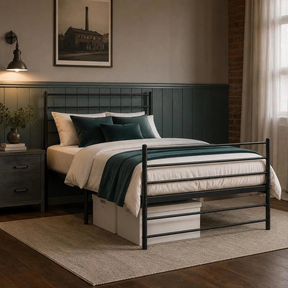 Bed Frame With Headboard And Footboard, Metal, Black, 90x200 Cm