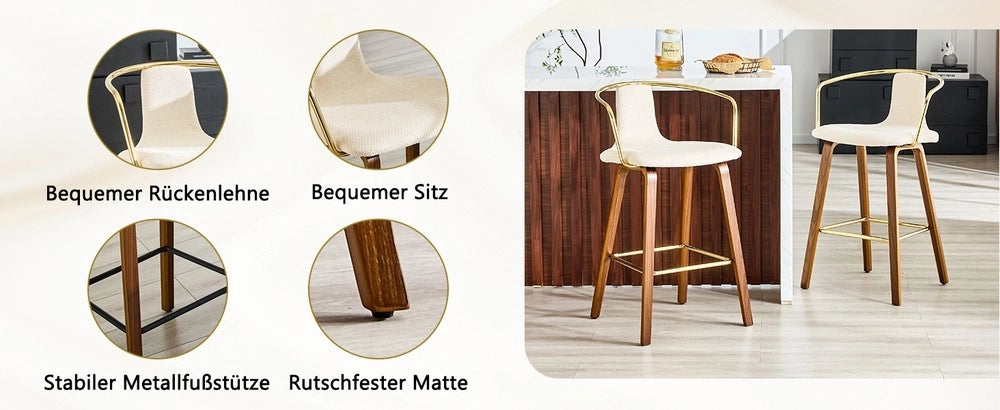 Set 2 Sgabelli da Bar con Braccioli ¨C MINIMAL ¨C Tessuto Teddy/Similpelle, Gambe in Legno, Poggiapiedi in Metallo