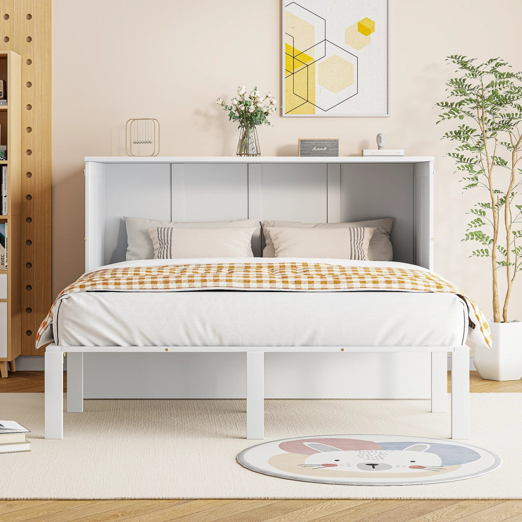 DESMIU Letto a scomparsa 2 posti con vani portaoggetti e funzione consolle 140 × 200 cm, senza materasso, bianco