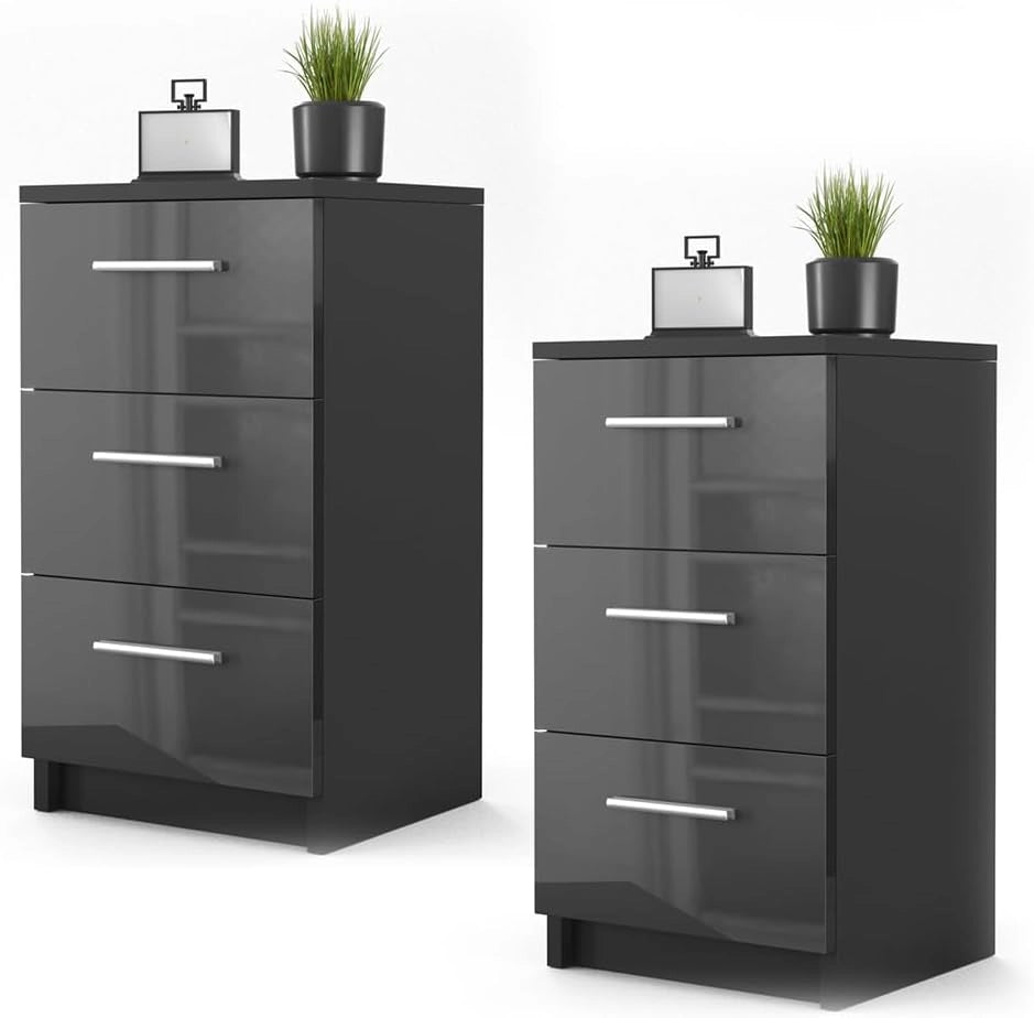 Comodini camera da letto, Nero lucido, Set di 2, adatto per letti boxspring con telaio rialzato