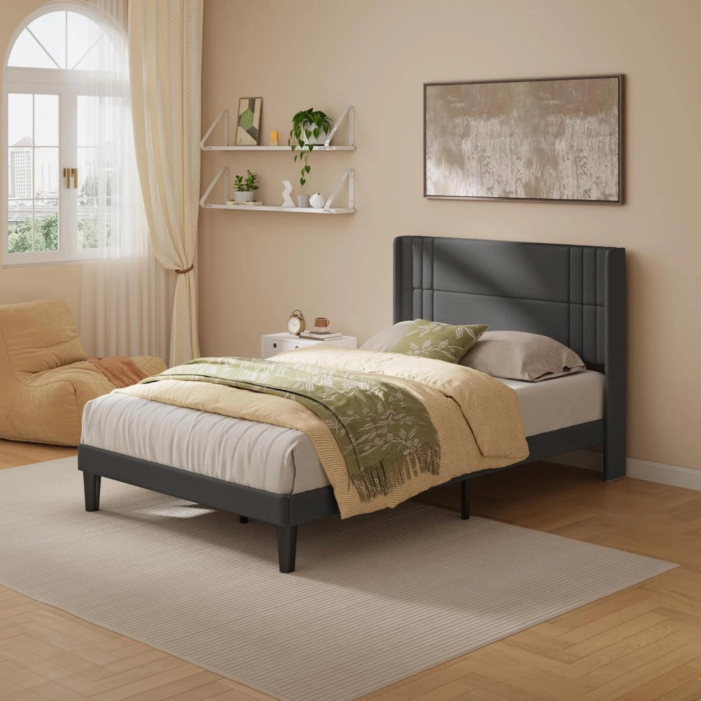 Letto imbottito 140x200 cm, con testiera e rete a doghe, robusto letto in tessuto per ragazzi e camere degli ospiti, struttura imbottita,Grigio scuro