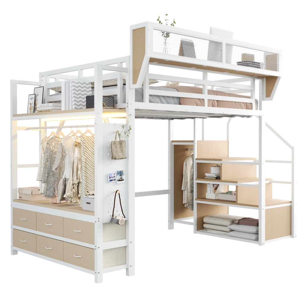 Letto a soppalco in metallo 140x200 cm con LED, ripiani, appendiabiti e cassetti in tessuto, Bianco