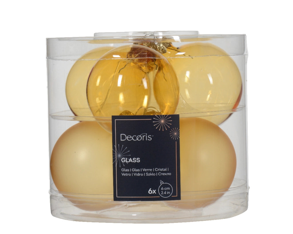Box Da 6 Palline Di Natale Di Vetro Trasparente Lucida Colore Oro Chiaro 6Cm