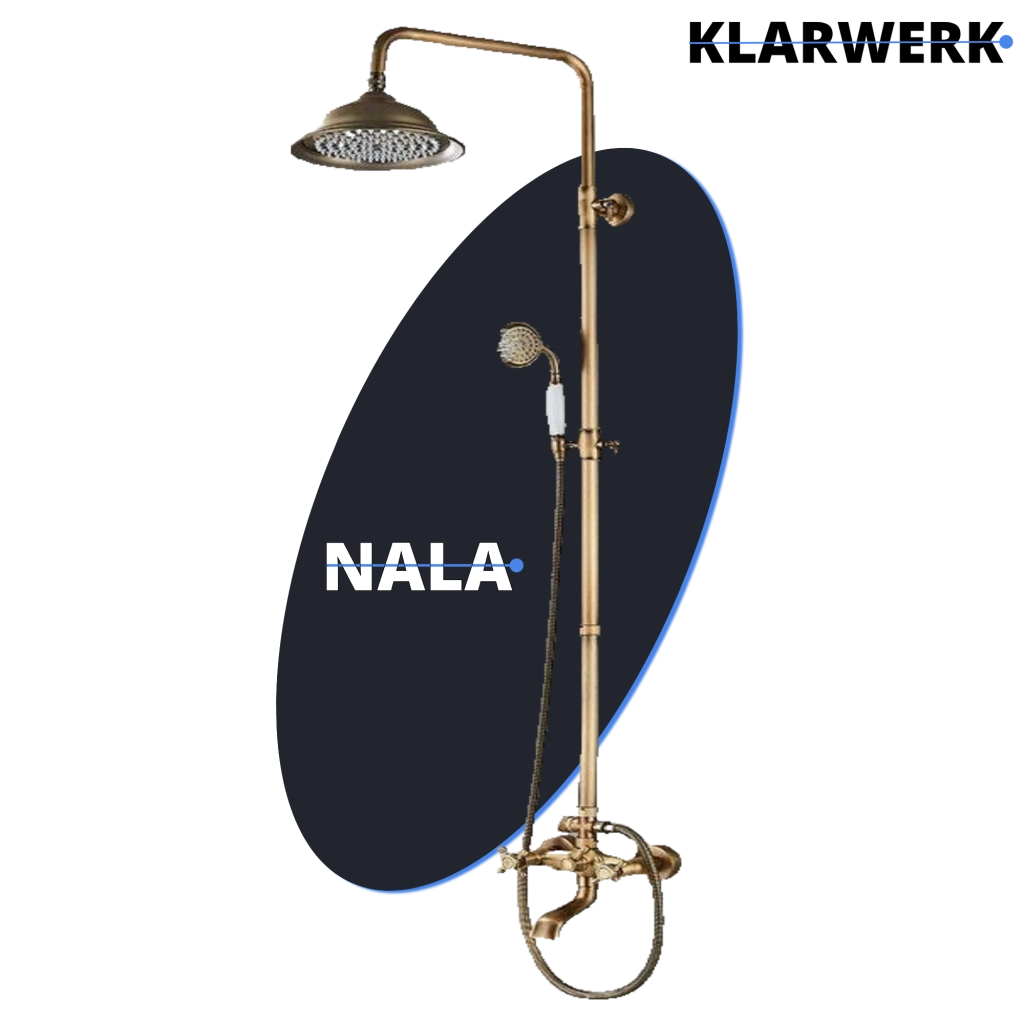 NALA | Set doccia a pioggia vintage in ottone acciaio inossidabile non verniciato|Sistema  con rubinetto dal design retrò |Miscelatore doccia completo
