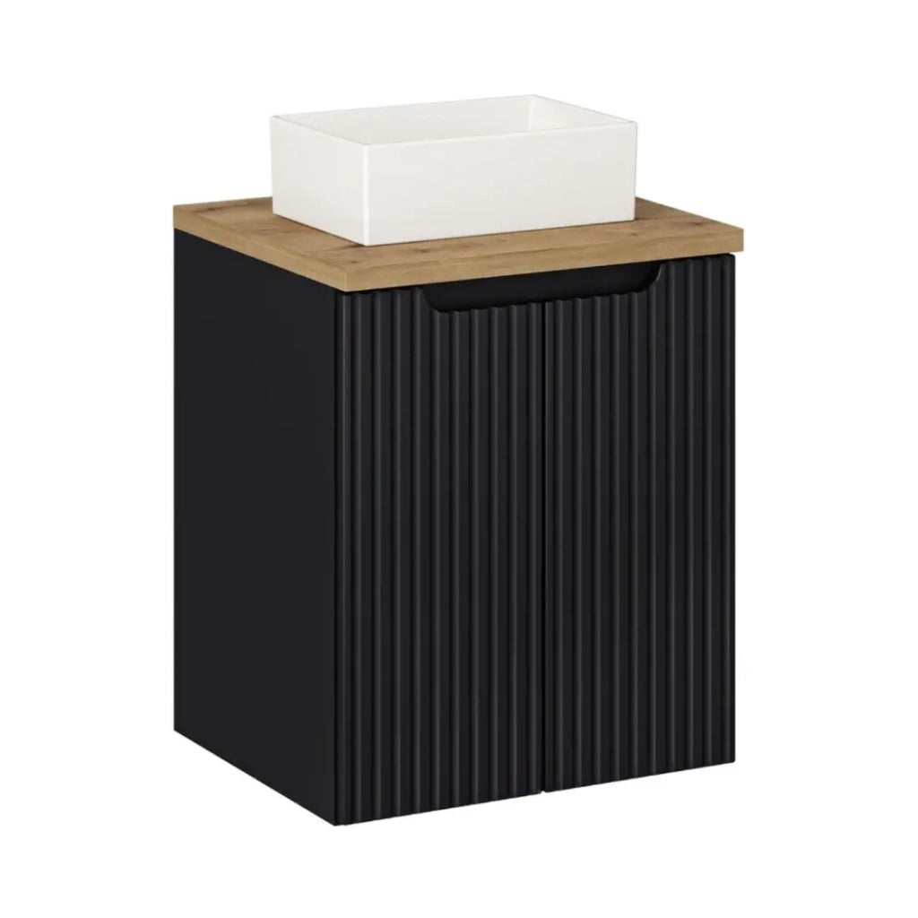 Set VANO 50cm: mobile sottolavabo con ante + piano per lavabo effetto rovere chiaro + lavabo da appoggio rettangolare bianco