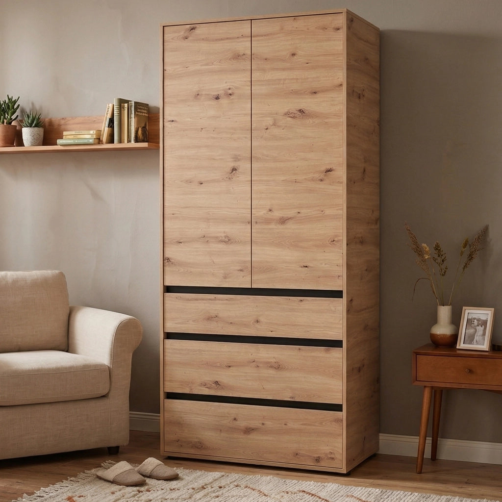 Armadio Camera da Letto Vimercatii, Guardaroba 2 Ante Appendiabiti, 93x211h cm Marrone Rovere Nodi