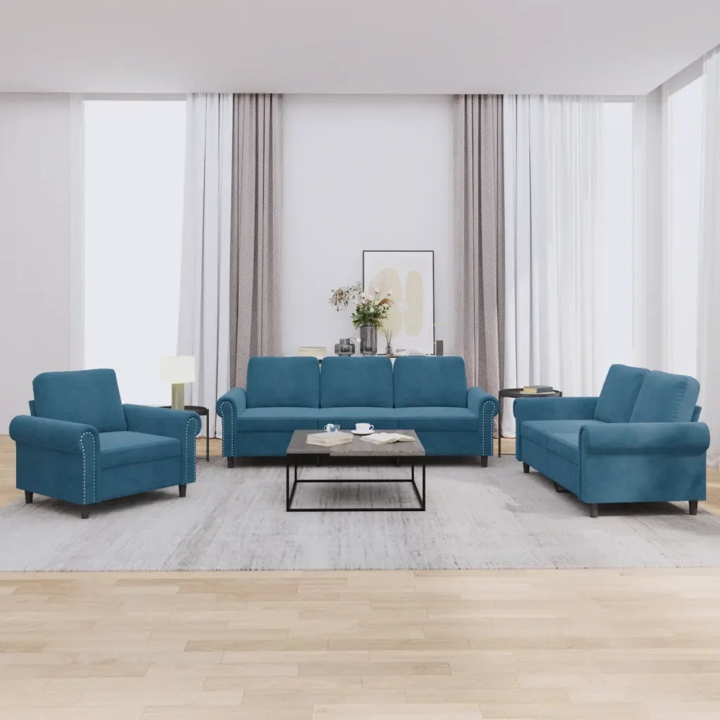 Set di Divani 3 pz con Cuscini Blu in Velluto
