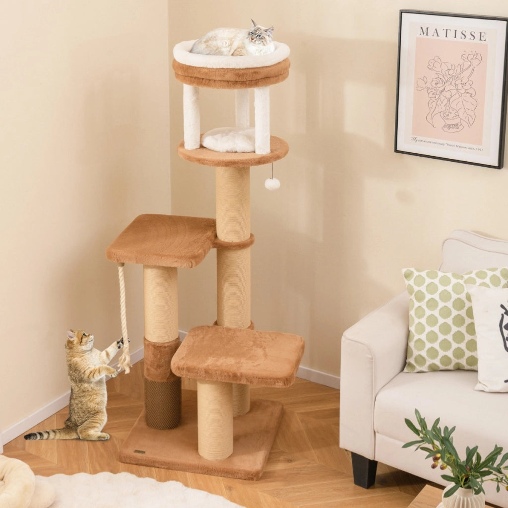 Torre per gatti alta 164cm con ripiano imbottito, Albero per gatti multi-livello con piattaforme per saltare Marrone-Alberi Tiragraffi